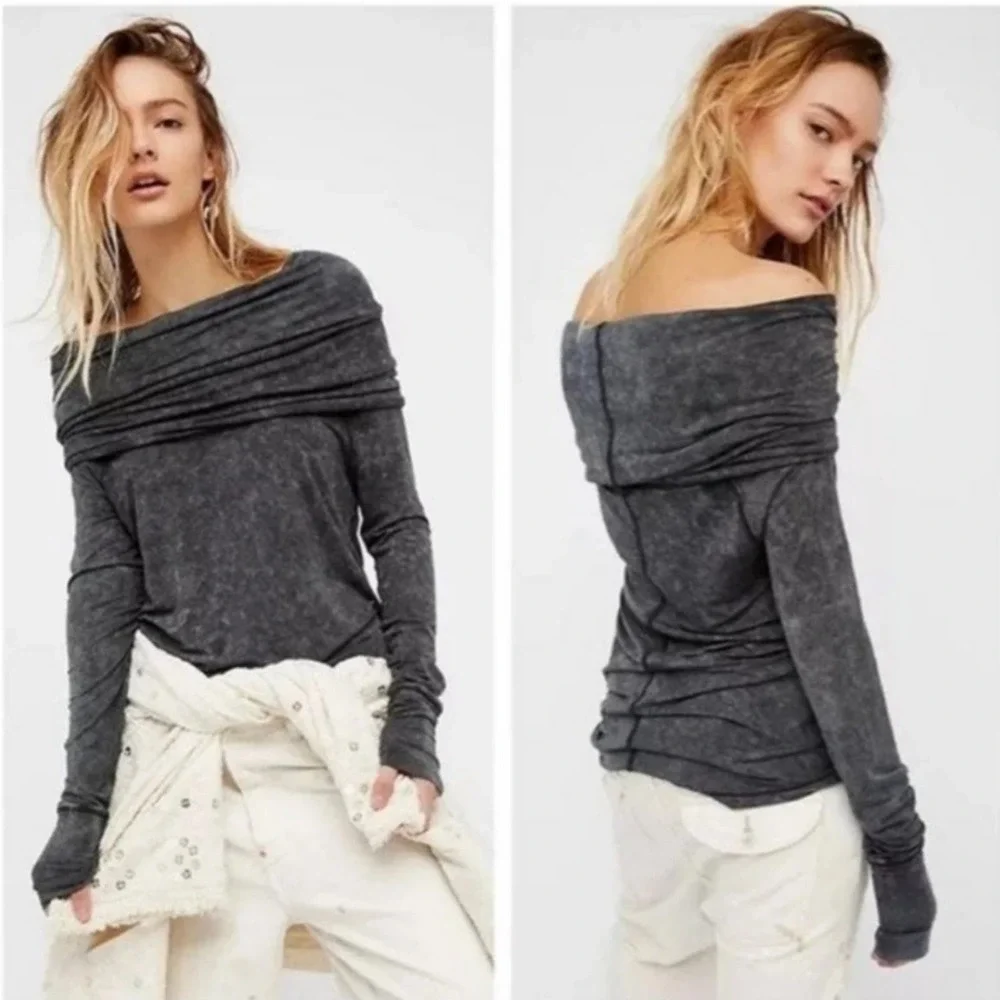 Free People We The Free Cosmo Cowl Neck Top Long Sleeve Gray Size XS - Picture 1 of 11